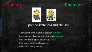 Spot the sentences and clauses.
• The woman ate her dinner quickly. sentence
• I cannot move because my back hurts. sentence
• who was running really quickly. clause
• Josie could swim really quickly.
• which was really smelly
Clauses Phrases
daliamunaki@gmail.com
 