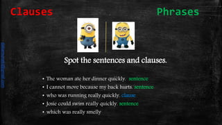 Spot the sentences and clauses.
• The woman ate her dinner quickly. sentence
• I cannot move because my back hurts. sentence
• who was running really quickly. clause
• Josie could swim really quickly. sentence
• which was really smelly
Clauses Phrases
daliamunaki@gmail.com
 