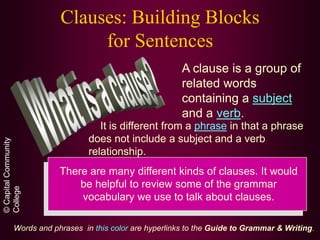 Clauses: Building Blocks
                            for Sentences
                                                        A clause is a group of
                                                        related words
                                                        containing a subject
                                                        and a verb.
                                  It is different from a phrase in that a phrase
                               does not include a subject and a verb
© Capital Community




                               relationship.
                       There are many different kinds of clauses. It would
                           be helpful to review some of the grammar
College




                           vocabulary we use to talk about clauses.

           Words and phrases in this color are hyperlinks to the Guide to Grammar & Writing.
 