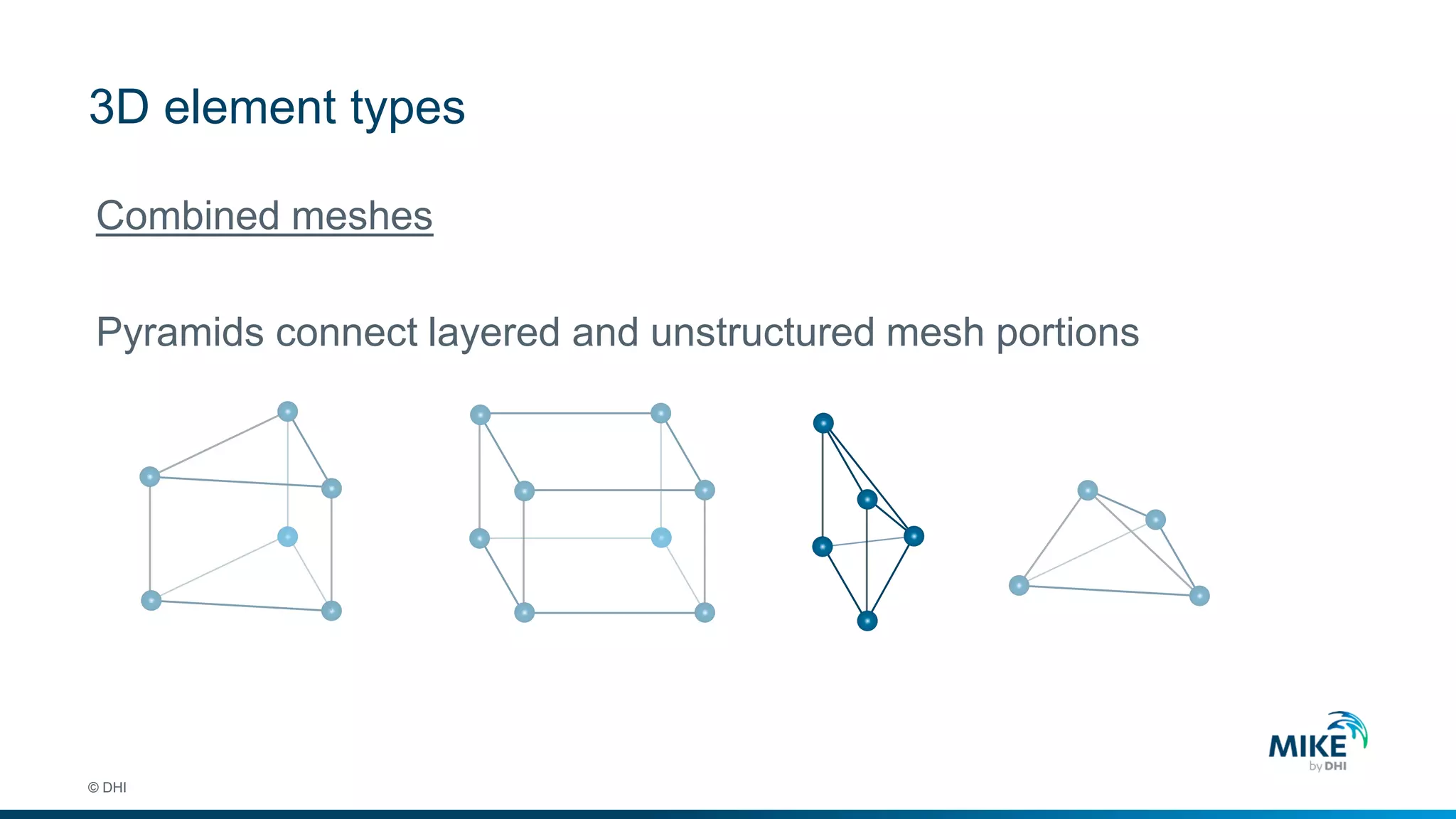 3D element types
© DHI
Combined meshes
Pyramids connect layered and unstructured mesh portions
 