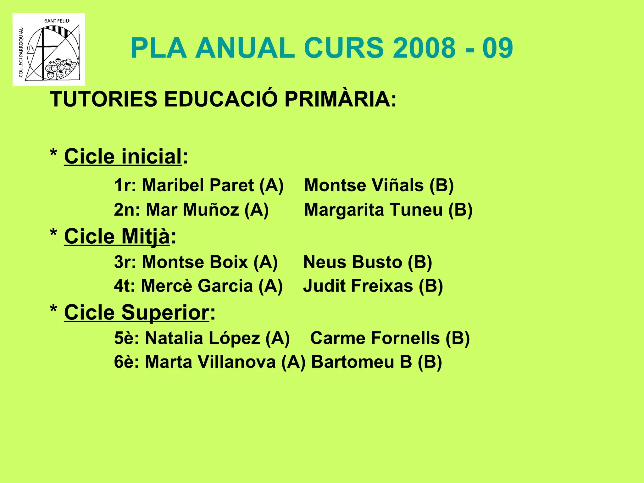 PLA ANUAL CURS 2008 - 09 TUTORIES EDUCACIÓ PRIMÀRIA: *  Cicle inicial : 1r: Maribel Paret (A)  Montse Viñals (B) 2n: Mar Muñoz (A)  Margarita Tuneu (B) *  Cicle Mitjà : 3r: Montse Boix (A)  Neus Busto (B)  4t: Mercè Garcia (A)  Judit Freixas (B) *  Cicle Superior : 5è: Natalia López (A)  Carme Fornells (B) 6è: Marta Villanova (A) Bartomeu B (B) 