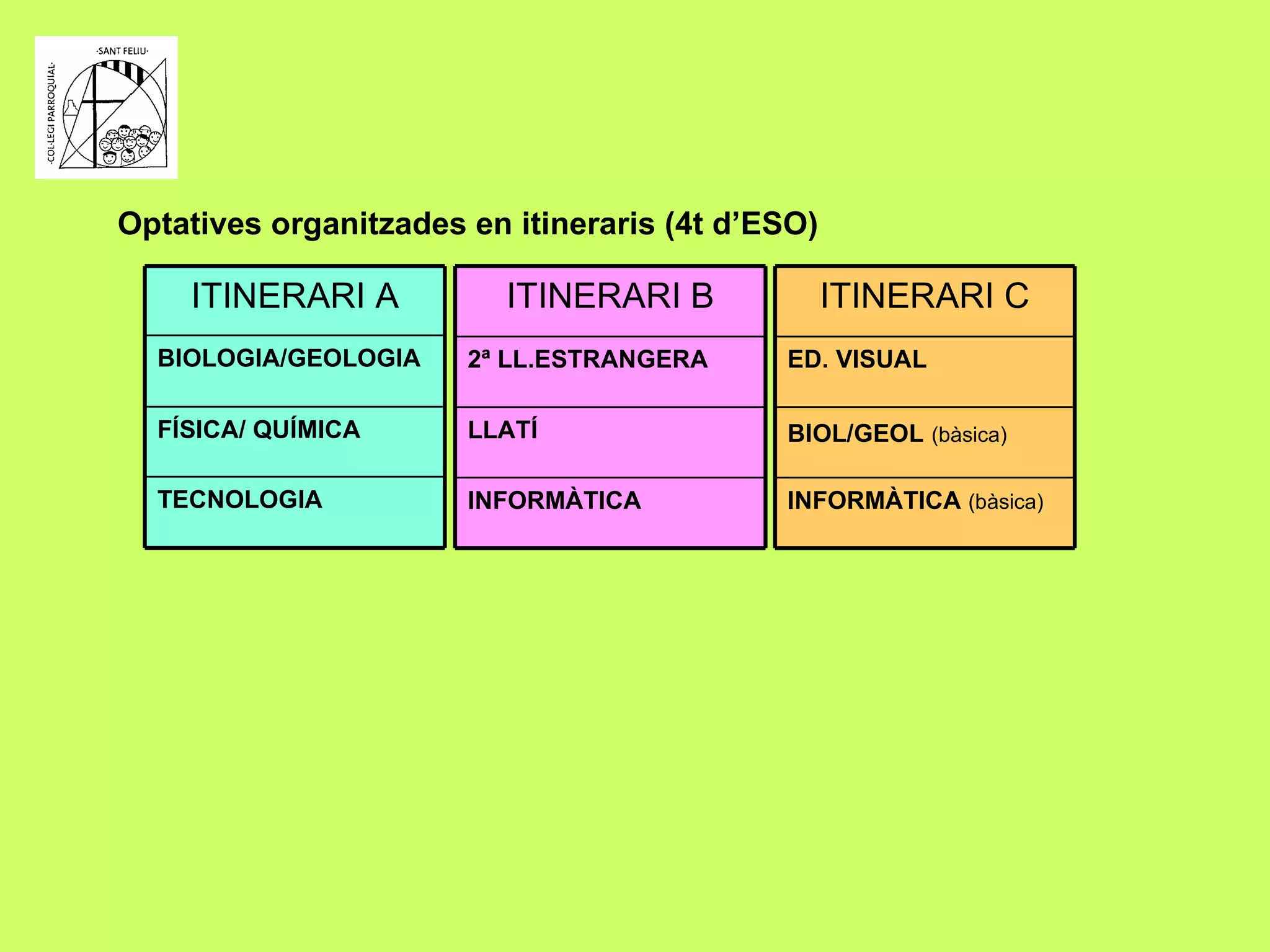 Optatives organitzades en itineraris (4t d’ESO) TECNOLOGIA FÍSICA/ QUÍMICA BIOLOGIA/GEOLOGIA ITINERARI A INFORMÀTICA LLATÍ 2ª LL.ESTRANGERA ITINERARI B INFORMÀTICA  (bàsica) BIOL/GEOL   (bàsica) ED. VISUAL ITINERARI C 