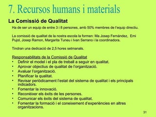 Ha de ser un equip de entre 3 i 8 persones, amb 50% membres de l’equip directiu. La comissió de qualitat de la nostra escola la formen: Ma Josep Fernández,  Emi  Pujol, Josep Ramon, Margarita Tuneu i Ivan Serrano i la coordinadora. Tindran una dedicació de 2,5 hores setmanals. Responsabilitats de la Comissió de Qualitat Definir el model i el pla de treball a seguir en qualitat. Aprovar objectius de qualitat de l’organització. Avaluar l’organització. Planificar la qualitat. Revisar periòdicament l’estat del sistema de qualitat i els principals indicadors. Fomentar la innovació. Reconèixer els èxits de les persones. Comunicar els èxits del sistema de qualitat. Fomentar la formació i el coneixement d’experiències en altres organitzacions. La Comissió de Qualitat 7. Recursos humans i materials 
