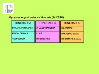 Optatives organitzades en itineraris (4t d’ESO) TECNOLOGIA FÍSICA/ QUÍMICA BIOLOGIA/GEOLOGIA ITINERARI A INFORMÀTICA LLATÍ 2ª LL.ESTRANGERA ITINERARI B INFORMÀTICA  (bàsica) BIOL/GEOL   (bàsica) ED. VISUAL ITINERARI C 