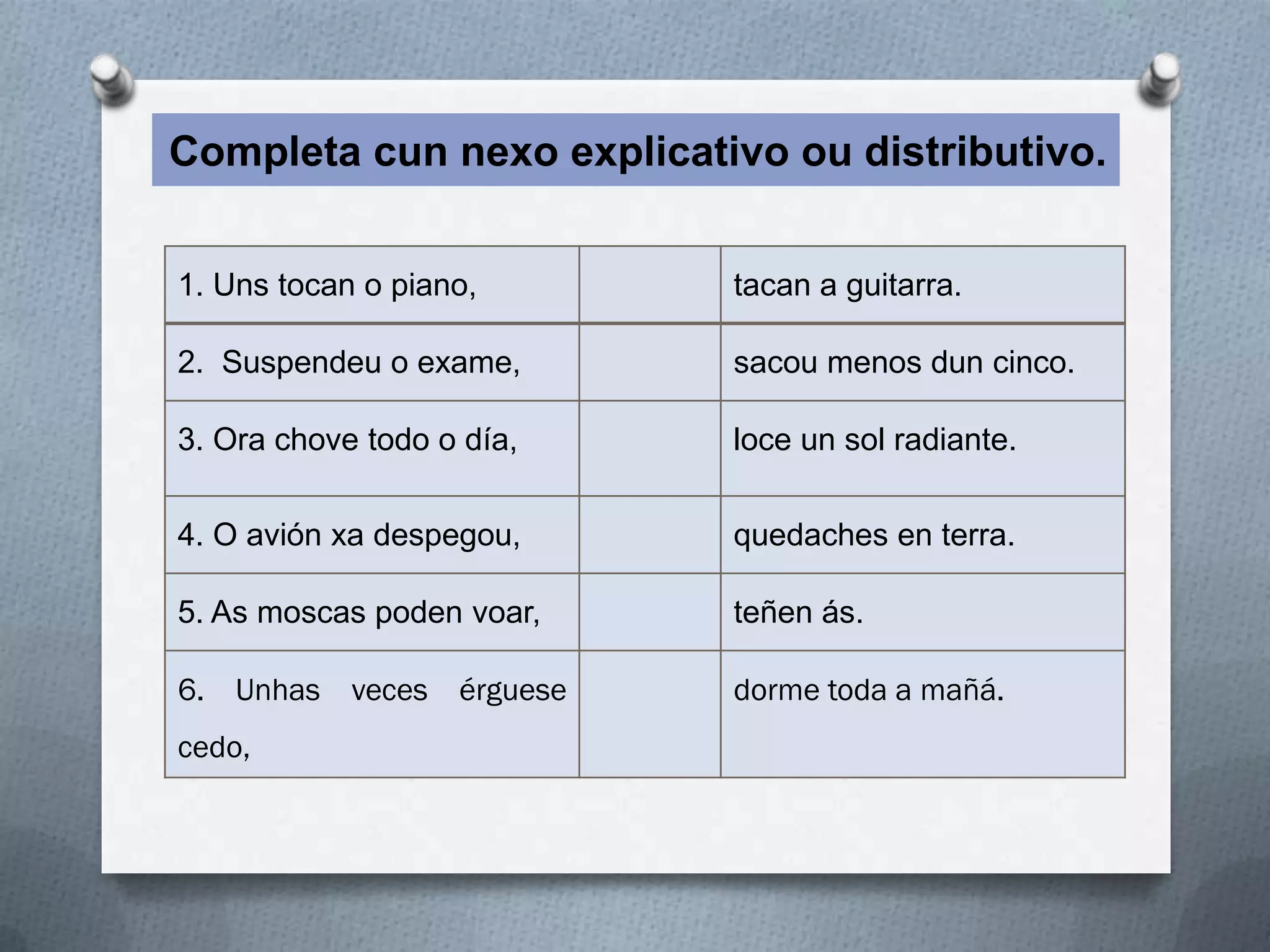 Completa cun nexo explicativo ou distributivo.


1. Uns tocan o piano,      tacan a guitarra.

2. Suspendeu o exame,      sacou menos dun cinco.

3. Ora chove todo o día,   loce un sol radiante.


4. O avión xa despegou,    quedaches en terra.

5. As moscas poden voar,   teñen ás.

6. Unhas veces érguese     dorme toda a mañá.
cedo,
 