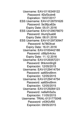 Username: EAV-0116349122
Password: tf2sf3cdm6
Expiration: 19/07/2017
ESS Username: EAV-0128791626
Password: 5e36jcx62e
Expiry Date: 05.01.2016
ESS Username: EAV-0129076670
Password: t4umj3uab6
Expiry Date: 08.01.2016
ESS Username: EAV-0129730947
Password: fs7863tvat
Expiry Date: 16.01.2016
Username: EAV-0100442188
Password: c68p5r4cks
Expiry Date: 11.12.2016
Username: EAV-0129357231
Password: 9hkmm9njj9
Expiración: 12/05/2015
Username: EAV-0129414754
Password: xat65nd9nm
Expiración: 12/05/2015
Username: EAV-0129414754
Password: xat65nd9nm
Expiración: 12/05/2015
Username: EAV-0129284123
Password: ne6efn5a3u
Expiración: 11/05/2015
Username: TRIAL-0131775048
Password: v43fr2vf55
Expiración: 09/05/2015
 