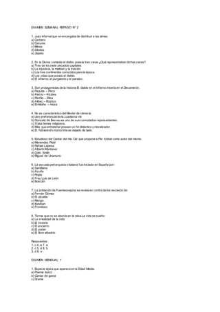 EXAMEN SEMANAL REPASO N° 2
1. Juez infernalque se encargaba de distribuir a las almas:
a) Cerbero
b) Caronte
c) Minos
d) Cibeles
e) Jápeto
2. En la Divina comedia el diablo poesía tres caras ¿Qué representaban dichas caras?
a) Tres de los siete pecados capitales
b) La injusticia, la maldad y la traición
c) Los tres continentes conocidos para la época.
d) Las vidas que poseía el diablo.
e) El infierno, el purgatorio y el paraíso.
3. Son protagonistas de la historia El diablo en el infierno inserta en el Decamerón.
a) Paquita – Paco
b) Alecto – Alcides
c) Pánfilo – Elisa
d) Alibec – Rústico
e) Ermitaño – moza
4. No es característico delMester de clerecía:
a) Uso preferencialde la cuaderna vía
b) Gonzalo de Berceo es uno de sus connotados representantes.
c) Tratar temas religiosos.
d) Más que entretener poseen un fin didáctico y moralizador.
e) El Tetrástrofo monorrimo es dejado de lado.
5. Estudioso del Cantar del mio Cid que propone a Per Abbat como autor del mismo.
a) Menéndez Pidal
b) Rafael Lapesa
c) Alberto Montaner
d) Colin Smith
e) Miguel de Unamuno
6. La escuela petrarquista o italiana fue iniciada en España por:
a) Santillana
b) Acuña
c) Rojas
d) Fray Luis de León
e) Boscán
7. La población de Fuenteovejuna se revela en contra de los excesos de:
a) Fernán Gómez
b) El alcalde
c) Mengo
d) Esteban
e) Frondoso
8. Terma que no se aborda en la obra La vida es sueño:
a) La irrealidad de la vida
b) El incesto
c) El encierro
d) El poder
e) El libre albedrío
Respuestas
1. c 4. e 7. a
2. c 5. d 8. b
3. d 6. e
EXAMEN MENSUAL 1
1. Especie épica que aparece en la Edad Media.
a) Poema épico
b) Cantar de gesta
c) Drama
 
