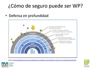 ¿Cómo de seguro puede ser WP?
• Defensa en profundidad
Fuente: http://www.gestionconsult.es/blog/como-proteger-tu-privacid...