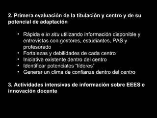 2. Primera evaluación de la titulación y centro y de su potencial de adaptación Rápida e  in situ  utilizando información disponible y entrevistas con gestores, estudiantes, PAS y profesorado Fortalezas y debilidades de cada centro Iniciativa existente dentro del centro Identificar potenciales “líderes” Generar un clima de confianza dentro del centro 3. Actividades intensivas de información sobre EEES e innovación docente 