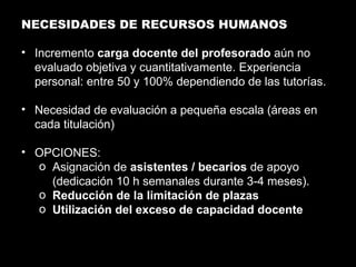 NECESIDADES DE RECURSOS HUMANOS Incremento  carga docente del profesorado  aún no evaluado objetiva y cuantitativamente. Experiencia personal: entre 50 y 100% dependiendo de las tutorías.  Necesidad de evaluación a pequeña escala (áreas en cada titulación) OPCIONES: Asignación de  asistentes / becarios  de apoyo (dedicación 10 h semanales durante 3-4 meses). Reducción de la limitación de plazas Utilización del exceso de capacidad docente 