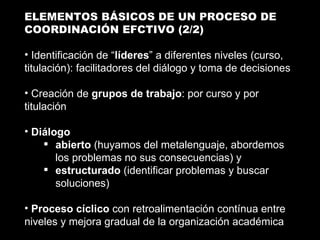 ELEMENTOS BÁSICOS DE UN PROCESO DE COORDINACIÓN EFCTIVO (2/2) Identificación de “ líderes ” a diferentes niveles (curso, titulación): facilitadores del diálogo y toma de decisiones Creación de  grupos de trabajo : por curso y por titulación Diálogo abierto  (huyamos del metalenguaje, abordemos los problemas no sus consecuencias) y estructurado  (identificar problemas y buscar soluciones) Proceso cíclico  con retroalimentación contínua entre niveles y mejora gradual de la organización académica 