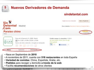 5         Nuevos Derivadores de Demanda
                                                        sindelantal.com




   • Nace en Septiembre de 2010
   • A noviembre de 2011, cuenta con 518 restaurantes en toda España
   • Variedad de comidas: China, Española, Árabe, etc.
   • Pedidos para recoger y domicilio a través de la web
   • Facilita recomendaciones de otros clientes                           - 22
feliperaga@daemonquest.com – Tel. 675 597 717                             -
 