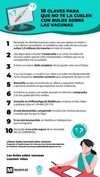 10 CLAVES PARA
QUE NO TE LA CUELEN
CON BULOS SOBRE
LAS VACUNAS
Los bulos sobre vacunas
cuestan vidas
Recuerda: las desinfo...