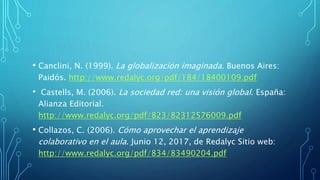 • Canclini, N. (1999). La globalización imaginada. Buenos Aires:
Paidós. http://www.redalyc.org/pdf/184/18400109.pdf
• Castells, M. (2006). La sociedad red: una visión global. España:
Alianza Editorial.
http://www.redalyc.org/pdf/823/82312576009.pdf
• Collazos, C. (2006). Cómo aprovechar el aprendizaje
colaborativo en el aula. Junio 12, 2017, de Redalyc Sitio web:
http://www.redalyc.org/pdf/834/83490204.pdf
 