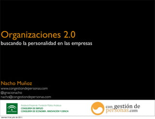 Organizaciones 2.0
buscando la personalidad en las empresas




Nacho Muñoz
www.congestiondepersonas.com
@ignacionacho
nacho@congestiondepersonas.com

      !



viernes 8 de julio de 2011
 