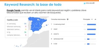 Keyword Research: la base de todo
@tendero88
Google Trends: permite ver el interés para cada keyword por región y palabras...
