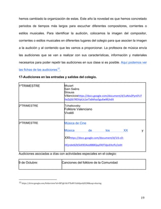  
	
  
	
  
	
  
19	
  
hemos cambiado la organización de estas. Este año la novedad es que hemos concretado
periodos de tiempos más largos para escuchar diferentes compositores, corrientes o
estilos musicales. Para identificar la audición, colocamos la imagen del compositor,
corrientes o estilos musicales en diferentes lugares del colegio para que asocien la imagen
a la audición y al contenido que les vamos a proporcionar. La profesora de música envía
las audiciones que se van a realizar con sus características, información y materiales
necesarios para poder repetir las audiciones en sus clase si es posible. Aquí podemos ver
las fichas de las audiciones12
.	
  
17-Audiciones en las entradas y salidas del colegio.	
  
1ºTRIMESTRE	
   Mozart	
  
Sain Saëns	
  
Strauss	
  
Villancicoshttps://docs.google.com/document/d/1aNJvZPynEFzT
heZqSb74EhIpLls1arTabkhysSgu6wM/edit	
  
2ºTRIMESTRE	
   Tchaikovsky	
  
Folklore Valenciano	
  
Vivaldi	
  
	
  
3ºTRIMESTRE	
   Música de Cine	
  
Música de los XX y
XXIhttps://docs.google.com/document/d/1iS-­‐cD-­‐
HEjndxt6Zb5kX9OAed888QayfA9TdpsEKzifU/edit	
  
Audiciones asociadas a días con actividades especiales en el colegio: 	
  
9 de Octubre: 	
   Canciones del folklore de la Comunidad	
  
	
  	
  	
  	
  	
  	
  	
  	
  	
  	
  	
  	
  	
  	
  	
  	
  	
  	
  	
  	
  	
  	
  	
  	
  	
  	
  	
  	
  	
  	
  	
  	
  	
  	
  	
  	
  	
  	
  	
  	
  	
  	
  	
  	
  	
  	
  	
  	
  	
  	
  	
  	
  	
  	
  	
  	
  	
  	
  	
  	
  	
  
12	
  https://drive.google.com/folderview?id=0B7gE-­‐Rc97XsRV1lxb0pickJIS2M&usp=sharing	
  
 