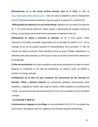  
	
  
	
  
	
  
26	
  
28-Audiciones en la red social vertical edmodo para el 3º Ciclo: la URL es
https://exploradorandres.edmodo.com/ . Esta red será la plataforma donde trabajaremos
con el 3º Ciclo las audiciones anteriores. Hay dos grupos: Fantasía (5º) y Sinfonía (6º).	
  
29-Búsqueda de material en la red social tiching: tutelados por sus padres los alumnos
de 1º y 2º Ciclo buscan partituras, videos, audios y aplicaciones de lenguaje musical en
tiching. Los docentes previamente hemos preparado el material en esta red.	
  
30-Búsqueda de videos e inserción en edmodo: los de 3º Ciclo buscan vídeos
referentes a los estilos musicales relacionados con la actividad de audición nº17. En un
mensaje se les da las pautas siguiendo la temporalización de la actividad 17. Han de
insertar los vídeos en edmodo. Esta actividad se hace en grupo (Trabajo colaborativo). La
diferencia entre esta actividad y la 39 es que en esta se escribe la información obtenida en
la 39 (Moodle) 	
  
31-Uso de soundcloud: el el aula se graba el audio de las actuaciones en esta red social.
Después se comparten en los blog del profesorado, en mestre a casa, se twittean e
insertan en tiching y edmodo.	
  
32-Utilización de la web 2.0 para compartir las actuaciones de los alumnos en
Navidad, Fallas y Semana Cultural: las actuaciones grabadas anteriormente serán
pixeladas y colgadas en mestre casa, blog de música y redes sociales por la profesora de
música. Los alumnos buscan las actuaciones en la red y las comparten con sus familiares
y amigos.	
  
H.3.2.BLOGS Y WEB 2.0	
  
33-Actuaciones colgadas en los Blogs: en las actividades 4,5,9,10,13,14 se graban las
actuaciones y se preparan para ser colgadas en los distintos blogs del profesorado.	
  
 