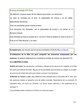  
	
  
	
  
	
  
29	
  
Proceso de trabajo 2º3º Ciclo:	
  
-Se elaboran o buscan textos de los clásicos para hacer una canciones. 	
  
-La letra es revisada por el tutor, la especialista de música o la de inglés,
dependiendo del idioma. 	
  
-Una vez aprobados ponen música al texto.	
  
-Las canciones son revisadas por la especialista de música y se cantan en la
Semana Cultural. 	
  
Esta actividad se hace en grupos de 5. Los de 2º Ciclo la realizan en casa y los de 3º
Ciclo en el “Patio Musical” y en casa. 	
  
	
  
Competencias: las mismas que las de las actividades 23,24,25,26id.ymif7f89a9qt	
  
37-Utilización de la Web 2.0 para compartir las canciones compuestas por los
alumnos: la partitura elaborada son insertada en el blog de música con derechos CC.	
  
H.3.3.MESTRE A CASA. 	
  
	
  
38-Web del centro: las actuaciones, novedades y trabajos de los alumnos son colgados en la Web
del centro para disfrute de todos. Algunas de las actividades aquí previstas se cuelgan en el tablón
de anuncios de la Web del centro para darlas a conocer a los familiares.	
  
39-Moodle en mestre a casa: esta plataforma está solicitada para el alumnado del 3º ciclo. Con
ella queremos realizar un pequeño curso de estilos musicales. Dependemos de su concesión. El
calendario sería una tema por trimestre. Los temas hacen referencia a las audiciones de la
actividad 17.	
  
Las actividades están incluidas en la PGA y en el plan de mejora.	
  
	
  
 