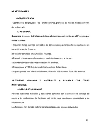  
	
  
	
  
	
  
30	
  
I- PARTICIPANTES 	
  
	
  
I-1-PROFESORADO	
  
Coordinadora del proyecto: Paz Peralta Martínez, profesora de música. Participa el 80%
del profesorado.	
  
I-2-ALUMNADO	
  
Queremos favorecer la inclusión de todo el alumnado del centro en el Proyecto por
varias razones:	
  
1-Inclusión de los alumnos con NEE y de compensatoria potenciando sus cualidades en
las actividades del Proyecto.	
  
2-Subsanar carencias en alumnos de refuerzo.	
  
3-Prevenir problemas en alumnado con rendimiento cercano al fracaso.	
  
4-Reforzar competencias y habilidades en los alumnos.	
  
5-Proporcionar a TODO el alumnado los beneficios de la música.	
  
Los participantes son: Infantil: 65 alumnos, Primaria: 123 alumnos. Total: 188 alumnos	
  
	
  
J-RECURSOS HUMANOS Y MATERIALES Y ALIANZAS CON OTRAS
INSTITUCIONES.	
  
J-1-RECURSOS HUMANOS	
  
Para las audiciones musicales y actuaciones contamos con la ayuda de la conserje del
centro y la colaboración de familiares del centro para cuestiones organizativas y de
infraestructura.	
  
Los familiares han donado material para la realización de algunas actividades.	
  
 
