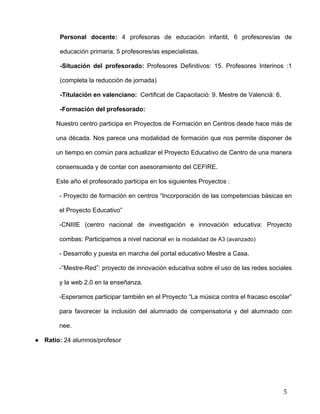  
	
  
	
  
	
  
5	
  
Personal docente: 4 profesoras de educación infantil, 6 profesores/as de
educación primaria, 5 profesores/as especialistas.	
  
-Situación del profesorado: Profesores Definitivos: 15. Profesores Interinos :1
(completa la reducción de jornada) 	
  
-Titulación en valenciano: Certificat de Capacitació: 9. Mestre de Valencià: 6.	
  
-Formación del profesorado:	
  
Nuestro centro participa en Proyectos de Formación en Centros desde hace más de
una década. Nos parece una modalidad de formación que nos permite disponer de
un tiempo en común para actualizar el Proyecto Educativo de Centro de una manera
consensuada y de contar con asesoramiento del CEFIRE. 	
  
Este año el profesorado participa en los siguientes Proyectos :	
  
- Proyecto de formación en centros “Incorporación de las competencias básicas en
el Proyecto Educativo”	
  
-CNIIIE (centro nacional de investigación e innovación educativa: Proyecto
combas: Participamos a nivel nacional en la modalidad de A3 (avanzado)	
  
- Desarrollo y puesta en marcha del portal educativo Mestre a Casa. 	
  
-”Mestre-Red”: proyecto de innovación educativa sobre el uso de las redes sociales
y la web 2.0 en la enseñanza. 	
  
-Esperamos participar también en el Proyecto “La música contra el fracaso escolar”
para favorecer la inclusión del alumnado de compensatoria y del alumnado con
nee.	
  
● Ratio: 24 alumnos/profesor 	
  
 