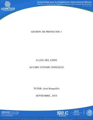 GESTION DE PROYECTOS 1
CLAVE DEL EXITO
ALVARO COTAMO GONZALEZ
TUTOR: (José Ronquillo)
SEPTIEMBRE, 2018
 