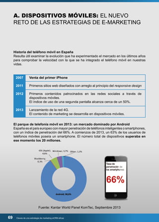A. DISPOSITIVOS MÓVILES: EL NUEVO 
RETO DE LAS ESTRATEGIAS DE E-MARKETING 
Historia del teléfono móvil en España 
Resulta útil examinar la evolución que ha experimentado el mercado en los últimos años 
para comprobar la velocidad con la que se ha integrado el teléfono móvil en nuestras 
vidas. 
2007 
2011 
2012 
2013 
Venta del primer iPhone 
Primeros sitios web diseñados con arreglo al principio del responsive design 
Primeros contenidos patrocinados en las redes sociales a través de 
dispositivos móviles. 
El índice de uso de una segunda pantalla alcanza cerca de un 50%. 
Lanzamiento de la red 4G. 
El contenido de marketing se desarrolla en dispositivos móviles. 
El parque de telefonía móvil en 2013: un mercado dominado por Android 
España es el país europeo con mayor penetración de teléfonos inteligentes o smartphones, 
con un índice de penetración del 66%. A comienzos de 2013, un 63% de los usuarios de 
teléfonos móviles poseía un smartphone. El número total de dispositivos superaba en 
ese momento los 20 millones. 
Fuente: Kantar World Panel KomTec, Septiembre 2013 
69 Claves de una estrategia de marketing eCRM eficaz 
 