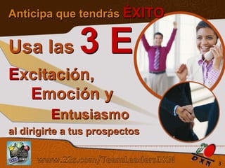 Anticipa que tendrás ÉXITO

Usa las

3E

Excitación,
Emoción y
Entusiasmo
al dirigirte a tus prospectos
Sistema de los 4 Pasos al Éxito

3

 