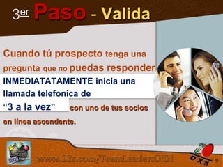 3er Paso - Valida
Cuando tú prospecto tenga una
pregunta que no puedas responder
INMEDIATATAMENTE inicia una
llamada telefonica de
“3 a la vez”

con uno de tus socios

en línea ascendente.

Sistema de los 4 Pasos al Éxito

9

 