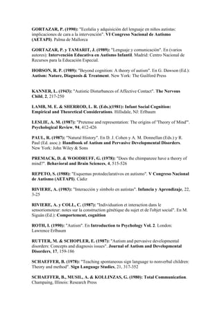 GORTAZAR, P. (1990): "Ecolalia y adquisición del lenguaje en niños autistas:
implicaciones de cara a la intervención". VI Congreso Nacional de Autismo
(AETAPI). Palma de Mallorca

GORTAZAR, P. y TAMARIT, J. (1989): "Lenguaje y comunicación". En (varios
autores): Intervención Educativa en Autismo Infantil. Madrid: Centro Nacional de
Recursos para la Educación Especial.

HOBSON, R. P. (1989): "Beyond cognition: A theory of autism". En G. Dawson (Ed.):
Autism: Nature, Diagnosis & Treatment. New York: The Guilford Press


KANNER, L. (1943): "Autistic Disturbances of Affective Contact". The Nervous
Child, 2, 217-250

LAMB, M. E. & SHERROD, L. R. (Eds.)(1981): Infant Social Cognition:
Empirical and Theoretical Considerations. Hillsdale, NJ: Erlbaum

LESLIE, A. M. (1987): "Pretense and representation: The origins of 'Theory of Mind'".
Psychological Review, 94, 412-426

PAUL, R. (1987): "Natural History". En D. J. Cohen y A. M. Donnellan (Eds.) y R.
Paul (Ed. asoc.): Handbook of Autism and Pervasive Developmental Disorders.
New York: John Wiley & Sons

PREMACK, D. & WOODRUFF, G. (1978): "Does the chimpanzee have a theory of
mind?". Behavioral and Brain Sciences, 4, 515-526

REPETO, S. (1988): "Esquemas protodeclarativos en autismo". V Congreso Nacional
de Autismo (AETAPI). Cádiz

RIVIERE, A. (1983): "Interacción y símbolo en autistas". Infancia y Aprendizaje, 22,
3-25

RIVIERE, A. y COLL, C. (1987): "Individuation et interaction dans le
sensoriomoteur: notes sur la construction génétique du sujet et de l'objet social". En M.
Siguán (Ed.): Comportement, cognition

ROTH, I. (1990): "Autism". En Introduction to Psychology Vol. 2. London:
Lawrence Erlbaum

RUTTER, M. & SCHOPLER, E. (1987): "Autism and pervasive developmental
disorders: Concepts and diagnosis issues". Journal of Autism and Developmental
Disorders, 17, 159-186

SCHAEFFER, B. (1978): "Teaching spontaneous sign language to nonverbal children:
Theory and method". Sign Language Studies, 21, 317-352

SCHAEFFER, B., MUSIL, A. & KOLLINZAS, G. (1980): Total Communication.
Champaing, Illinois: Research Press
 