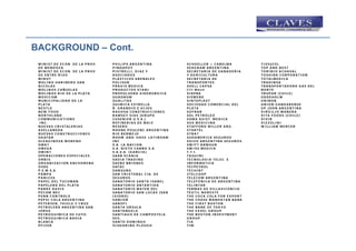 BACKGROUND – Cont.
 M I N I S T .D E E C O N .D E L A P R O V    P H ILIP S A R G EN TIN A                SCHOELLER + CAB ELM A                  TIS S U C EL
 D E M END OZA                                P IN D A P O Y                           SEA G R A M A RG EN TIN A              TOP A ND B EST
 M I N I S T .D E E C O N . D E L A P R O V   P IS TR ELLI, D IAZ Y                    S EC R ETA R IA D E G A N A D ER IA    TO R IB IO A C H A VA L
 D E EN TR E R IO S                           A S O C IA D O S                         Y A G R IC U LTU R A                   TO S H IB A C O R P O R A TIO N
 M IR O T                                     P LA STICO S A R EN A LES                S EC R ETA R IA D E                    TO TA LM ED IC A
 M O LIN O H A R IN ER O S A N                P O LISU R                               TRA NSPORTES                           TR A D IN S A
 N IC O LA S                                  P R A X IS M ED IC A                     SH ELL CA PSA                          TR ANSPOR TAD OR A G A S D EL
 M O LIN O S C A Ñ U ELA S                    PRODUCTOS STA NI                         C T I M ó v il                         NORTE
 M O L IN O S R IO D E L A P LA T A           P R O P U LS O R A S ID ER U R G IC A    SIA P BA                               T R U P A N (C H IL E)
 M O V IC O M                                 QUADRUM                                  SIEM EN S                              UD D EHOL M
 M U N IC IP A LID A D D E LA                 Q U A LITA S                             SIN TEP LA ST                          U N IB O N
 PLA TA                                       Q U IM ICA ESTR ELLA                     S O C IED A D C O M ER C IA L D EL     U N IO N G A N D A R EN S E
 NESTLE                                       R . G R A N D IO E H IJO S               PLATA                                  U P JO H N A R G EN TIN A
 NEW FOOD                                     R A G H SA CO N STR UCCIO N ES           SOFRAR                                 V IR G ILIO M A N ER A
 NORTH LAND                                   R A M S E Y S I A S (G R U P O           SOL PETROLEO                           V ITA FO O D S (C H IL E)
 C O M M U N IC A TI O N S                    C U S E N I E R U .S .A .)               S O M A A S IS T. M ED IC A            V IV IR
  IN C .                                      R EFIN ER IA S D E M A IZ                S O S M ED IC IN A                     V IZ Z O LIN I
 N U EVA S CR ISTA LER IA S                   R ESER O                                 S TA FFO R D M ILLER A R G .           W ILLIA M M ER C ER
 A VELLANED A                                 R H O N E P O U LEN C A R G EN TIN A     STAR TEL
 N U EV A S C O N S TR U C C IO N ES          R IO B ER M EJO                          STRAT
 OKA FAR                                      R O H M A N D H A SS LA TIN O A M .      SU D A M ER ICA SEG U R O S
 O LEA G IN O S A M O R E N O                 IN C                                     S U IZ O A R G EN TIN A S EG U R O S
 OMAT                                         S .A . L A N A C I O N                   S W IFT A R M O U R
 OM EG A                                      S .A . N I E T O C A R B O S .A          S W IS S M ED IC A
 O M IN T                                     S .A .V .A . ( G A N C I A )             T .T .I .
 O P ER A C IO N ES ES P EC IA LES            S A A B S C A N IA                       TA Q U IN I
 O R B IS                                     S A D IA TRA D IN G                      TEC N O L O G IA TELEC . E
 O R G A N IZ A CIO N A N C H O R EN A        S A EN Z B R IO N ES                     IN FO R M A TIC A
 OSDE                                         SAFA C                                   TECPETROL
 P .E .M .S .A .                              SAM SUNG                                 TEC H IN T
 PAMPA                                        S A N C R I S T O B A L C IA . D E       3TELCOOP
 P A N IZ ZA                                  SEG UR OS                                TELEC O M A R G EN TIN A
 PA PEL D EL TUCUM A N                        S A N A TO R IO S A N TA IS A B EL       TELEFO N IC A D E A R G EN TIN A
 P A P EL ER A D EL P L A TA                  S A N A TO R IO A N TA R TID A           TELIN TA R
 P A R K E D A V IS                           SA N A TO R IO M A TER D EI              TER M A S D E V ILLA V IC EN C IO
 PECOM NEC                                    S A N A T O R IO S A N L U C A S (SA N   TEX TIL N O R ES TE
 PENN CON TR OLS                              IS ID R O )                              THE COCA COLA FOR EX POR T
 P EP S I C O LA A R G EN TIN A               SANCOR                                   THE CH A SE M ANHA TA N BA NK
 PETER SEN, THIELE Y CR UZ                    SANOFI                                   TH E FIR S T B O S TO N
 P ETR O LER A A R G EN TIN A S A N           SANTA URSULA                             THE B A NK OF TOKYO
 JORG E                                       SANTA NG ELO                             THE EXX EL G ROUP
 P ETR O Q UIM ICA D E CU YO                  S A N TIA G O D E C O M P O S TELA       TH E B O S TO N IN V ES T M EN T
 P ETR O Q U IM IC A B A H IA                 SEG .                                    GROUP
 B LA NCA                                     SANTO D OM ING O                         TIA
 P FIZ ER                                     SCH EA R IN G P LO U G H                 TIM
 