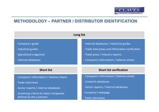 METHODOLOGY – PARTNER / DISTRIBUTOR IDENTIFICATION


                                            Long list

‐ Company’s guide
  Company’s guide                                  ‐ Internal databases / Industrial guides
                                                     Internal databases / Industrial guides
‐ Industrial guides                                ‐ Trade interviews and information verification
   p            g
‐ Specialized magazines                                    p              y p
                                                   ‐ Trade press / Industry reports
‐ Internal databases                               ‐ Company’s information / balance sheets


                      Short list                               Short list verification
                                                                              f

‐ Company’s information / balance sheets           ‐ Company’s information / balance sheets

‐ Trade interviews                                 ‐ Custom’s databases
                                                     Custom s databases

‐ Sector reports / internal databases              ‐ Sector reports / internal databases

‐ Screening criteria to select companies
  Screening criteria to select companies           ‐ Company’s webpage
  defined by the customer.                         ‐ Trade interviews
 