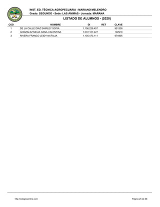 1 DE LA CALLE DIAZ SHIRLEY SOFIA 1.106.229.457 951209
2 GONZALEZ MEJIA DANA VALENTINA 1.072.107.427 192918
3 RIVERA FRANCO LEIDY NATALIA 1.105.473.111 974995
Página 25 de 66
INST. ED. TÉCNICA AGROPECUARIA - MARIANO MELENDRO
LISTADO DE ALUMNOS - (2020)
COD NOMBRE DI RET CLAVE
http://colegiosonline.com
Grado: SEGUNDO - Sede: LAS ÁNIMAS - Jornada: MAÑANA
 
