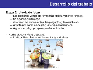 Desarrollo del trabajo
Etapa 2: Lluvia de ideas
– Las opiniones vierten de forma más abierta y menos forzada.
– Se alcanza el liderazgo.
– Aparecen los desacuerdos, las preguntas y los conflictos.
– Afrontamos como un desafío la tarea encomendada.
– Algunos en el grupo aparecen desmotivados.
• Cómo producir ideas creativas:
– Lluvia de ideas. Buscar inspiración: trabajos similares.
 