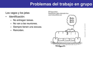 Problemas del trabajo en grupo
Los vagos y los jetas
• Identificación:
– No entregan tareas.
– No van a las reuniones.
– Siempre tienen una excusa.
– Reinciden.
 