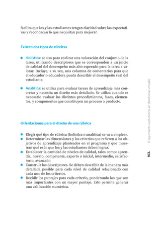 facilita que los y las estudiantes tengan claridad sobre las expectati-
vas y reconozcan lo que necesitan para mejorar.
Existen dos tipos de rúbricas
Holística: se usa para realizar una valoración del conjunto de la
tarea, utilizando descriptores que se corresponden a un juicio
de calidad del desempeño más alto esperado para la tarea a va-
lorar. Incluye, a su vez, una columna de comentarios para que
el educador o educadora pueda describir el desempeño real del
estudiante.
Analítica: se utiliza para evaluar tareas de aprendizaje más con-
cretas y necesita un diseño más detallado. Se utiliza cuando es
necesario evaluar los distintos procedimientos, fases, elemen-
tos, y componentes que constituyen un proceso o producto.
Orientaciones para el diseño de una rúbrica
Elegir qué tipo de rúbrica (holística o analítica) se va a emplear.
Determinar las dimensiones y los criterios que refieren a los ob-
jetivos de aprendizaje planteados en el programa y que mues-
tran qué es lo que los y las estudiantes deben lograr.
Establecer la cantidad de niveles de calidad, tales como: apren-
diz, novato, competente, experto o inicial, intermedio, satisfac-
torio, avanzado.
Construir los descriptores. Se deben describir de la manera más
detallada posible para cada nivel de calidad relacionado con
cada uno de los criterios.
Decidir los puntajes para cada criterio, ponderando los que son
más importantes con un mayor puntaje. Esto permite generar
una calificación numérica.
163.
El
seguimiento
a
estudiantes
en
plataformas
virtuales
 