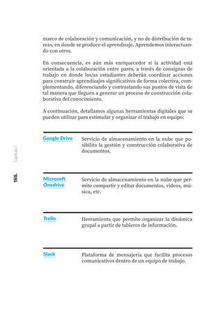 188.
Capítulo
7
marco de colaboración y comunicación, y no de distribución de ta-
reas, en donde se produce el aprendizaje. Aprendemos interactuan-
do con otros.
En consecuencia, es aún más enriquecedor si la actividad está
orientada a la colaboración entre pares, a través de consignas de
trabajo en donde los/as estudiantes deberán coordinar acciones
para construir aprendizajes significativos de forma colectiva, com-
plementando, diferenciando y contrastando sus puntos de vista de
tal manera que lleguen a generar un proceso de construcción cola-
borativa del conocimiento.
A continuación, detallamos algunas herramientas digitales que se
pueden utilizar para estimular y organizar el trabajo en equipo:
Servicio de almacenamiento en la nube que po-
sibilita la gestión y construcción colaborativa de
documentos.
Servicio de almacenamiento en la nube que per-
mite compartir y editar documentos, videos, mú-
sica, etc.
Google Drive
Microsoft
Onedrive
Herramienta que permite organizar la dinámica
grupal a partir de tableros de información.
Trello
Plataforma de mensajería que facilita procesos
comunicativos dentro de un equipo de trabajo.
Slack
 