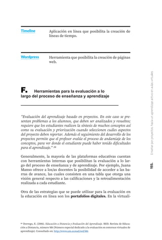 193.
Enseñar
por
proyectos:
hacia
un
aprendizaje
activo
en
aulas
virtuales
Aplicación en línea que posibilita la creación de
líneas de tiempo.
Timeline
Herramienta que posibilita la creación de páginas
web.
Wordpress
F.	 Herramientas para la evaluación a lo
largo del proceso de enseñanza y aprendizaje
“Evaluación del aprendizaje basado en proyectos. En este caso se pre-
sentan problemas a los alumnos, que deben ser analizados y resueltos;
requiere que los estudiantes realicen la síntesis de muchos conceptos así
como su evaluación y priorización cuando seleccionen cuáles aspectos
del proyecto deben reportar. Además el seguimiento del desarrollo de los
proyectos permite que el profesor evalúe el proceso de andamiaje de los
conceptos, para ver donde el estudiante puede haber tenido dificultades
para el aprendizaje.” 20
Generalmente, la mayoría de las plataformas educativas cuentan
con herramientas internas que posibilitan la evaluación a lo lar-
go del proceso de enseñanza y de aprendizaje. Por ejemplo, Juana
Manso ofrece a los/as docentes la posibilidad de acceder a las ba-
rras de avance, las cuales consisten en una tabla que otorga una
visión general respecto a las calificaciones y la retroalimentación
realizada a cada estudiante.
Otra de las estrategias que se puede utilizar para la evaluación en
la educación en línea son los portafolios digitales. En la virtuali-
20 Dorrego, E. (2006). Educación a Distancia y Evaluación del Aprendizaje. RED. Revista de Educa-
ción a Distancia, número M6 (Número especial dedicado a la evaluación en entornos virtuales de
aprendizaje). Consultado en: http://www.um.es/ead/red/M6
 