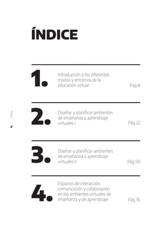 1. Introducción a los diferentes
modos y entornos de la
educación virtual
2. Diseñar y planificar ambientes
de enseñanza y aprendizaje
virtuales I
3. Diseñar y planificar ambientes
de enseñanza y aprendizaje
virtuales II
4.
Espacios de interacción,
comunicación y colaboración
en los ambientes virtuales de
enseñanza y de aprendizaje
ÍNDICE
Pág.8
Pág.22
Pág.50
Pág.76
4.
Índice
 