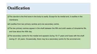 Ossification
The clavicle is the first bone in the body to ossify. Except for its medial end, it ossifies in the
membrane.
It ossifies from two primary centres and one secondary centre.
The two primary centres appear in the shaft between the fifth and sixth weeks of intrauterine life,
and fuse about the 45th day.
The secondary centre for the medial end appears during 15-17 years and fuses with the shaft
during 21- 22 years. Occasionally, there may be a secondary centre for the acromial end.
 
