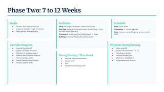 Phase Two: 7 to 12 Weeks
Goals
● Protect the clavicle fracture
● Improve shoulder range of motion
● Begin gentle strengthening
Activities
Sling: No longer necessary unless instructed.
Arm Use: Daily activities permitted. Avoid lifting >2 lbs,
forceful pushing/pulling.
Movement: Avoid reaching behind body or head.
Bathing: Continue Phase One precautions.
Schedule
Days: 7 per week
Frequency: 1-3 times per day
Note: Focus on stretching and active motion
drills.
Exercise Program
● Supine/Standing ER
● Supine assisted elevation
● Elevation in scapular plane
● Behind-back IR (limit beltline)
● Horizontal adduction
● Hands behind-head stretch
● Proprioception drills
Strengthening / Theraband
● Internal & External Rotation
● Biceps curls
● Row
● Forward (serratus) punch
Dynamic Strengthening
● Side-lying ER
● Prone row, extension, T's, Y's
● Standing scaption
● Isotonic biceps curl
● Rhythmic stabilization
● Scapulohumeral rhythm
 