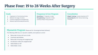 Phase Four: 19 to 28 Weeks After Surgery
Goals
● Progression of functional activities
● Maintain full range of motion
● Continue progressive strengthening
● Advance sports/recreational activity
Frequency & Core Program
Stretching: 5-7 days/wk, 1x daily
Strengthening: 3 days/wk, 1x daily
Continue Phase Three protocols.
Consultation
Weight Training: Consult physician & PT.
Interval Sports: Golf, Tennis, Swimming,
Throwing.
Plyometric Program (Reserved for throwing/overhead athletes)
The following drills focus on dynamic stability and explosive control:
● Rebounder throws with arm at side
● Overhead wall dribbles
● Rebounder throwing with weighted ball
● Deceleration drills with weighted ball
● Wall dribbles at 90°
● Wall dribble circles
 