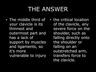 THE ANSWER
• The middle third of
your clavicle is its
thinnest and
outermost part and
has a lack of
support by muscles
and ligaments, so
it's more
vulnerable to injury
• the critical location
of the clavicle, any
severe force on the
shoulder, such as
falling directly onto
the shoulder or
falling on an
outstretched arm,
transfers force to
the clavicle.
 