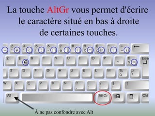 La touche AltGr vous permet d'écrire
le caractère situé en bas à droite
de certaines touches.
€
À ne pas confondre avec Alt
 