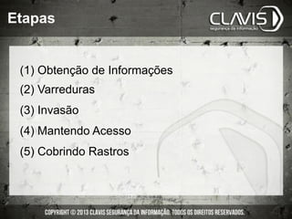 Etapas
(1) Obtenção de Informações
(2) Varreduras
(3) Invasão
(4) Mantendo Acesso
(5) Cobrindo Rastros
 