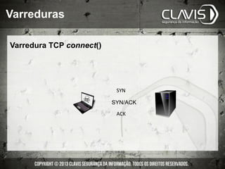 Varredura TCP connect()
SYN	
  
SYN/ACK
ACK	
  
Varreduras
 