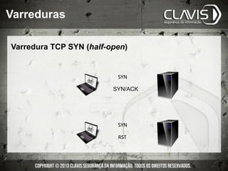 Varredura TCP SYN (half-open)
SYN	
  
SYN/ACK
SYN	
  
RST	
  
Varreduras
 
