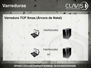Varredura TCP Xmas (Árvore de Natal)
FIN/PSH/URG
FIN/PSH/URG
RST	
  
Varreduras
 