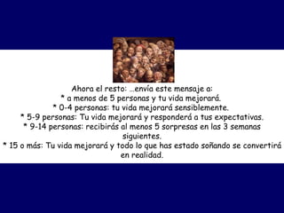 Ahora el resto: …envía este mensaje a: * a menos de 5 personas y tu vida mejorará.  * 0-4 personas: tu vida mejorará sensiblemente.  * 5-9 personas: Tu vida mejorará y responderá a tus expectativas. * 9-14 personas: recibirás al menos 5 sorpresas en las 3 semanas siguientes. * 15 o más: Tu vida mejorará y todo lo que has estado soñando se convertirá en realidad. 