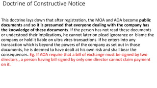 Doctrine of Constructive Notice
This doctrine lays down that after registration, the MOA and AOA become public
documents and so it is presumed that everyone dealing with the company has
the knowledge of these documents. If the person has not read these documents
or understood their implications, he cannot later on plead ignorance or blame the
company or hold it liable on ultra vires transactions. If he enters into any
transaction which is beyond the powers of the company as set out in those
documents, he is deemed to have dealt at his own risk and shall bear the
consequences. Eg. If AOA require that a bill of exchange must be signed by two
directors , a person having bill signed by only one director cannot claim payment
on it.
 